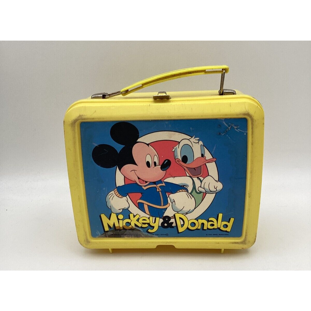 Vintage Aladdin Mickey Mouse & Donald Duck Plastic Lunch Box Yellow Disney 1980s